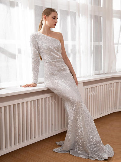 Anya Sequins One Sleeve Gown - Silver