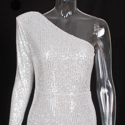 Anya Sequins One Sleeve Gown - Silver